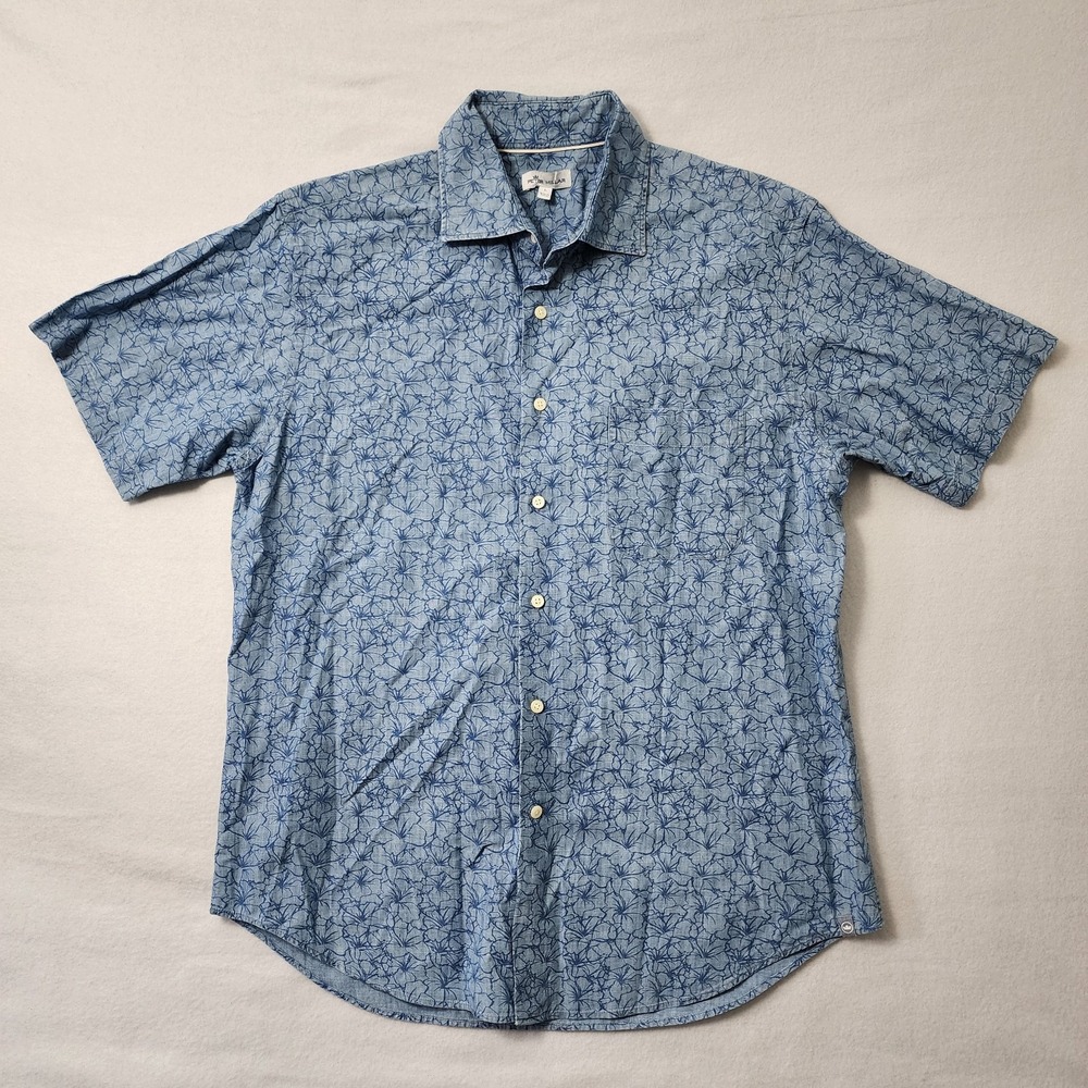 Peter Millar Button Shirt Large Blue Floral Hawaiian Golf All Over AOP Cotton